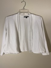 Cable  Gauge Open Front Cardigan White Size M Medium Lightweight 3/4 Sleeve