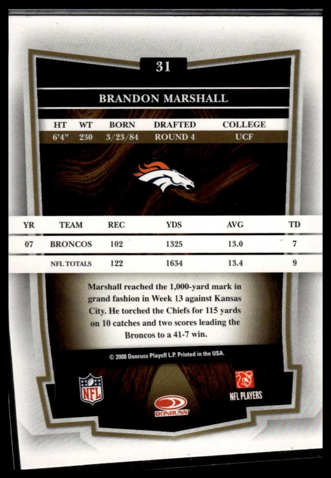 2008 Donruss Classics #31 Brandon Marshall - Image 2 of 2