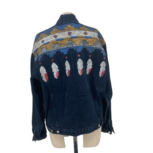 Sundance Hand Painted Feather Print Dark Denim Jacket Blue Red Size XL - Picture 7 of 9