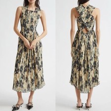 Ganni Printed Floral Pleated Midi Dress Green Smocked 36 Romantic 4 Wedding