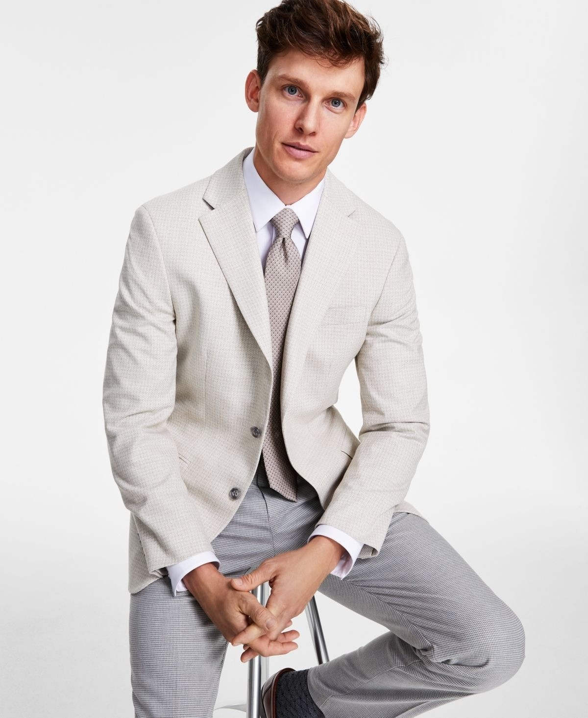 Tommy Hilfiger Mens Modern Fit Tan Check Sport Coat White Tan Size 44S NWT