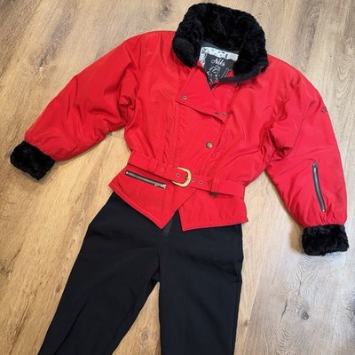Womens Nils Ski Suit One piece Snowsuit Snow Bib Vtg 90s Red Faux Fur Jumpsuit 8