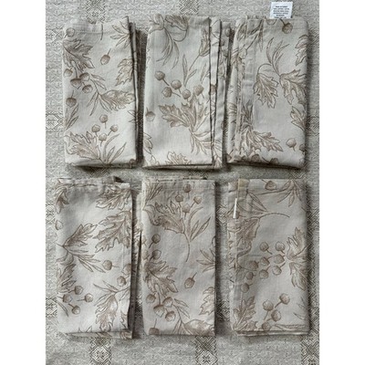 CRATE AND BARREL Set of 6 Beige Cream Tan Acorn Jacquard Cotton Napkins 20 X 20