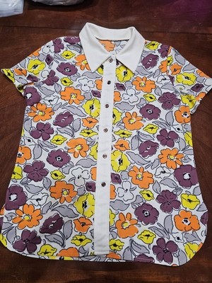 Vintage Psychedelic 60s/70s Flower Retro Short-sleeve Collared Shirt Top Size L