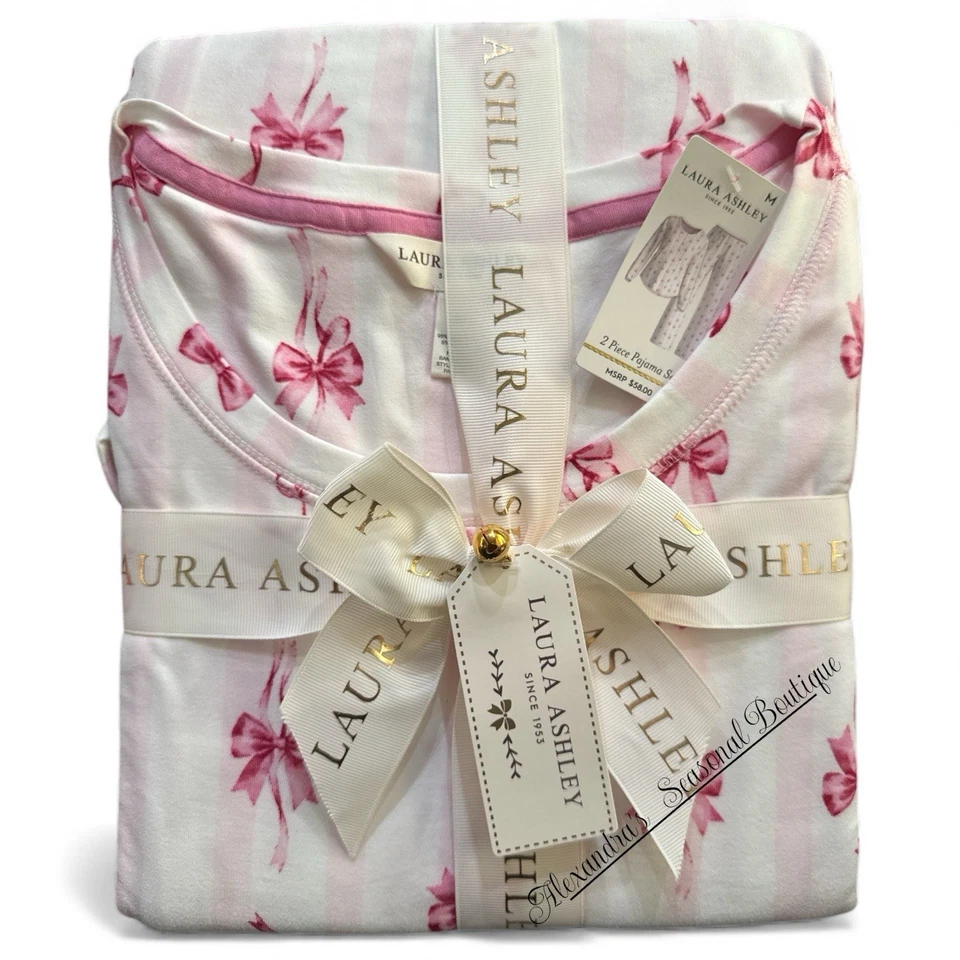 Laura Ashley Christma Soft Long Sleeved Pajama 2 Piece Set M Pink Bows Ribbons - Image 2 of 4