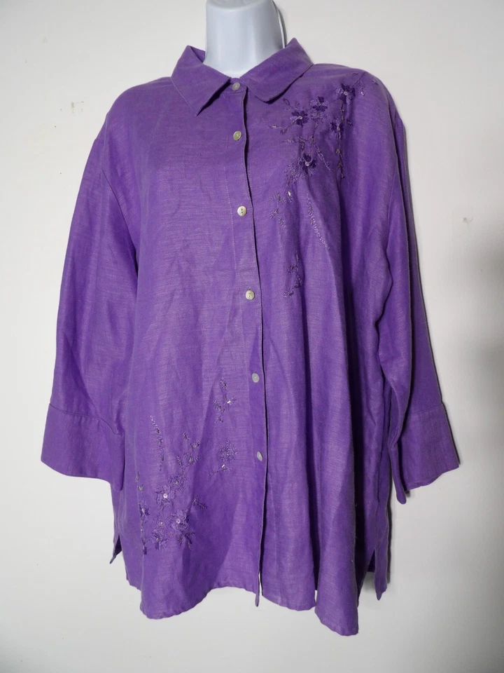 Laura Scott Woman 20W Shirt Top Linen Purple Blouse Beaded Embroidered Lagenlook - Image 2 of 4