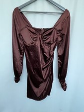 Prettylittlething Brown Satin Ruched Sleeve Dress Size 10