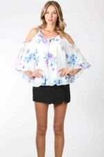 Vava By Joy Han Top China Blue Floral Open Shoulder NWT Size XS $85 Silky Poly
