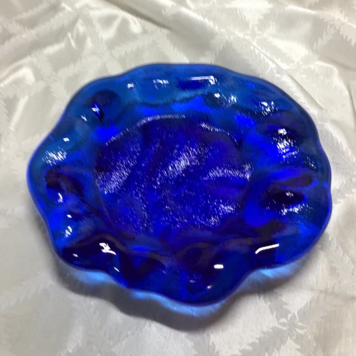 vtg cobalt blue glass 9” dish ashtray Fenton? textured Weighs 4 Pounds!