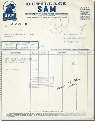 Facture D'époque - Outillage SAM Saint-Etienne - 1958 - Document Ancien