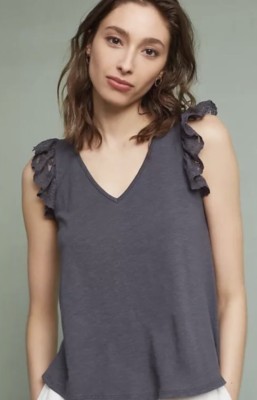 NEW ANTHROPOLOGIE ERI + ALI Sz M RUFFLED LACE V NECK TEE GRAY