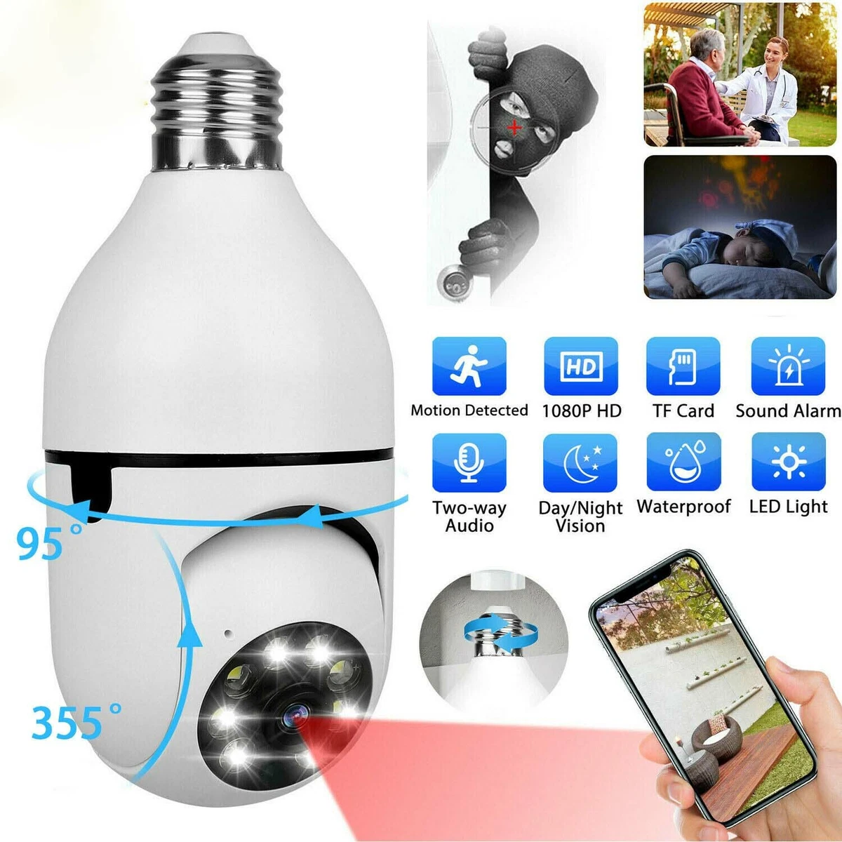 amanecer ansiedad Cambios de 360° WiFi Camera Light Bulb Security Home Wireless Cam CCTV Monitor  Waterproof | eBay