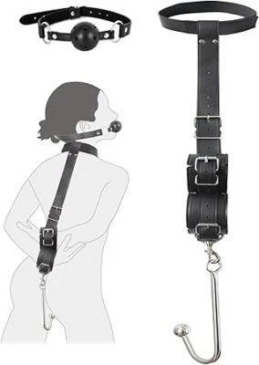 SIXFEELINGS BDSM Sex Bondage Fessel Set Analhaken mit Ballknebel, 2 in 1 Leder Bondageset An