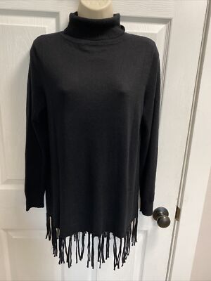 NEW  Nieman Marcus  Black Knit Sweater Fringed Flapper Style Hem Sz M  (L7)
