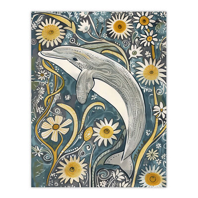 Delfin Gänseblümchen Wildblumen Kunstwerk schrullige Blumen Wandkunst Poster Druck