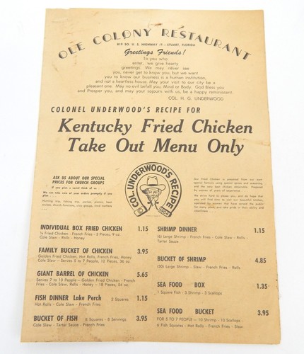 VTG Ole Colony Resturant Menu Col. Underwood's Recipe Chicken Stuart Florida 2B