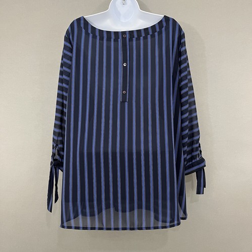 Westport Blouse Womens 2X Blue Striped 3/4 Tie Sleeve Button Back Sheer Lined - Picture 8 of 14