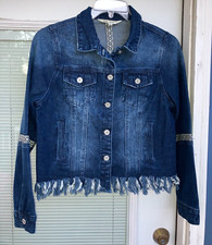Euc L Indigo Thread Blue Denim Jacket Has Fringes On The Bottom #lv2