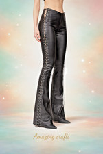 Women's  Genuine Lambskin Black Leather Pant Lace-up style with pastel glow.