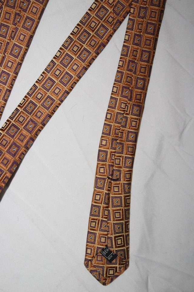 IKE BEHAR Silk Tie Extra Long 67x3.75 Gold Purple Geometric USA Tailored - Image 4 of 4