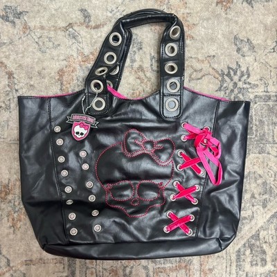 2010 Monster High Black & Pink Skull Tote Bag Pink Bow, Grommet/Studded, Charm