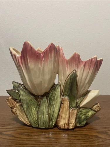 ANTIQUE Rare Vintage Original McCoy Double Pink Tulip Vase, 6.75 In Tall