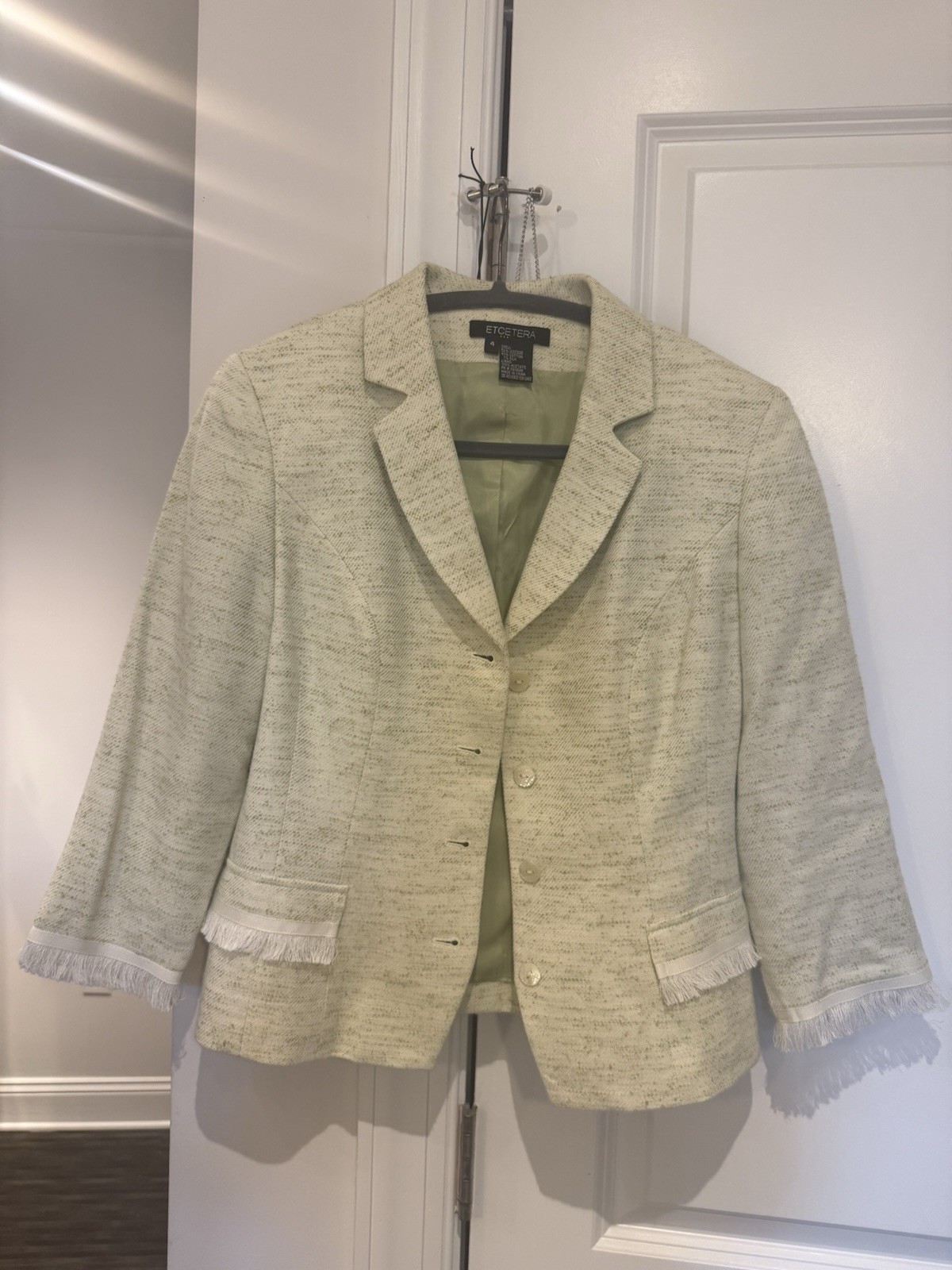 Etcetera Women’s Blazer Jacket Size 4 – Beige Textured Fringe Trim Career Casual