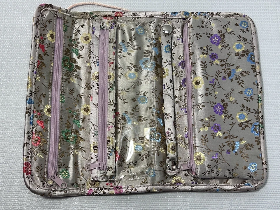 VTG  Chinese Floral Makeup Jewelry Travel Trifold Organizer Bag String Closure - Image 3 of 4
