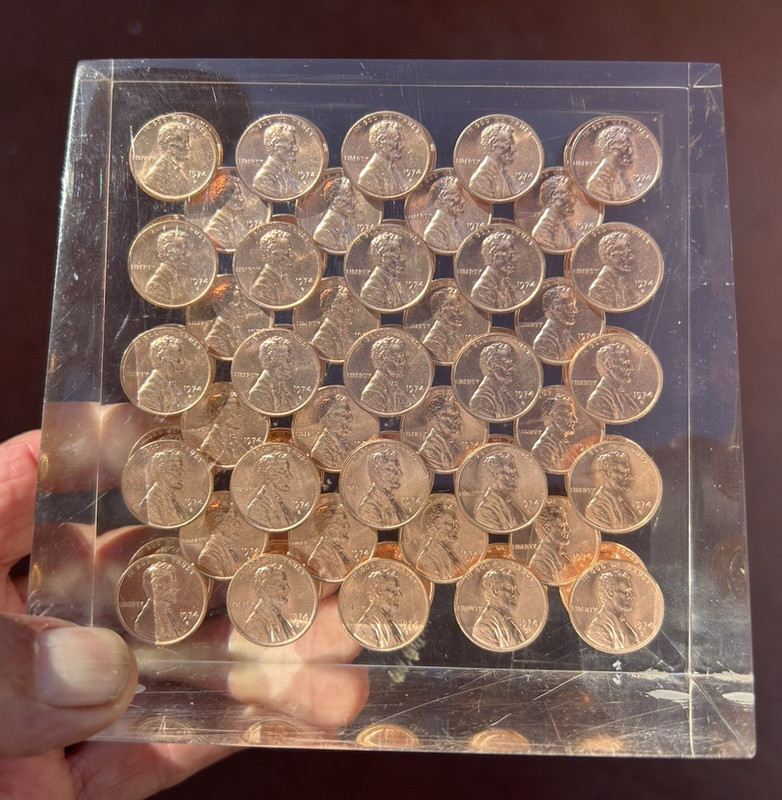 1974 PENNIES ENCASED IN ACRYLIC LUCITE 5 1/8" SQUARE lincoln penny VINTAGE cent