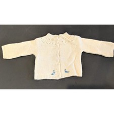 Antique Knit Baby Doll Cardigan Sweater Blue Flowers Shower Gift Doll Vintage