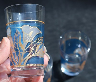 Vintage DECOVER Italy *4-PC* Cordial / Liqueur GLASSES Calla Lily, Blue 3.25''