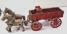 Vintage USA marked RED Cast Metal Farm Wagon and Horses 11" long - some damage
