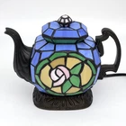 Vintage Tiffany Style Floral Stained Glass Teapot Table Lamp By Cheyenne Decor