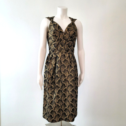 Vintage Cocktail Dress Women M? Black Gold Brocad… - image 1
