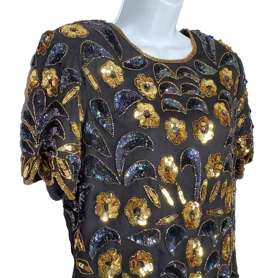 Blusa vintage de seda con cuentas florales de los 80 PM MP dorados dobladillos festoneados negros Foto 2 de 4