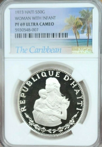 1973 HAITI SILVER 50 GOURDES WOMAN WITH INFANT NGC PF 69 ULTRA CAMEO TOP POP 