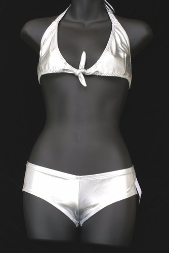 Nuevo Juego de 2 Piezas Plata Nailon Spandex Halter Corbata Top con Pantalones Cortos Descarados Pequeños - Imagen 2 de 5