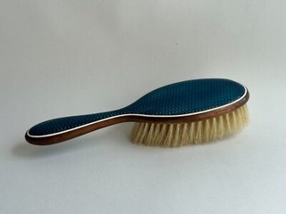 Antique Art Deco Blue Guiloche Enamel & Brass Hair Brush
