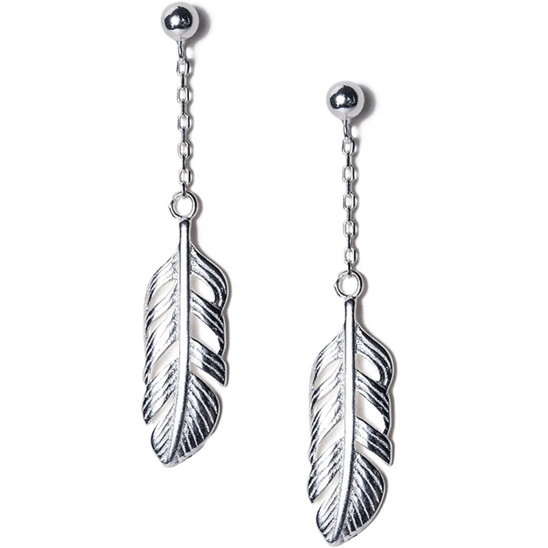 Solid 925 Sterling Silver Feather Drop Dangle Stud Earrings Classic Gift - Image 4 of 4