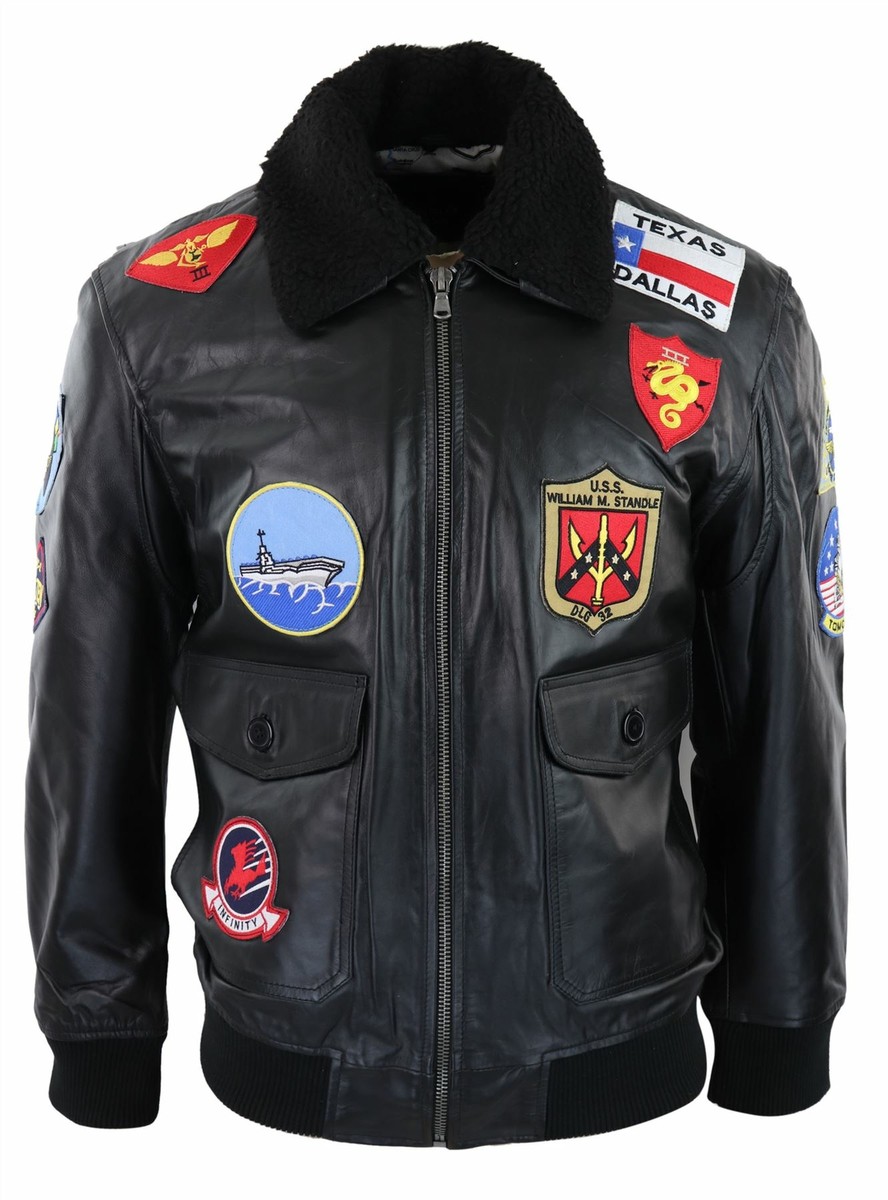 Mens Black Topgun Maverick Jacket Pilot Bomber US Badges Black Fur