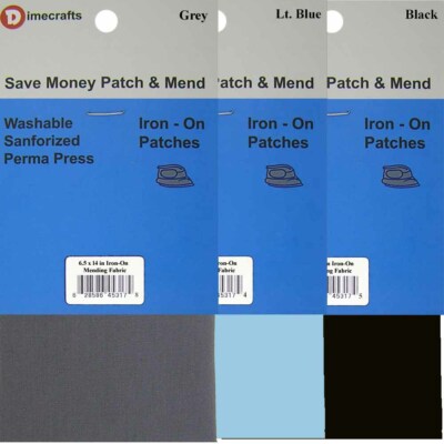 Iron-On Mending Fabric Repair Patch 6.5 x 14 Inch - Black, Lt Blue, Grey CT. 3