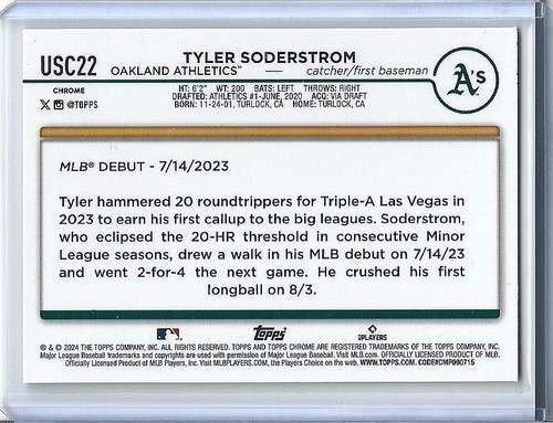 2024 TOPPS CHROME UPDATE GREEN REFRACTOR TYLER SODERSTROM #USC22 RC /99 - Picture 2 of 2