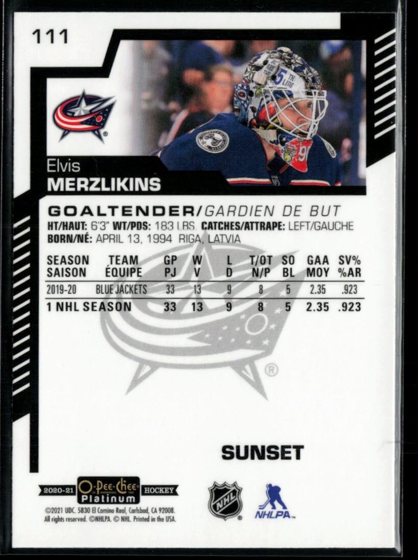 2020-21 O-Pee-Chee Platinum Sunset Elvis Merzlikins #111 | eBay