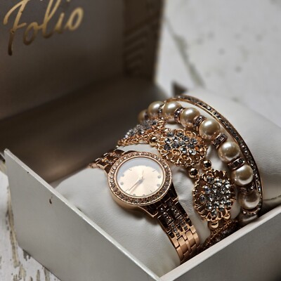 Women's Folio Rose Gold Watch Bracelets Set New in Box NIB