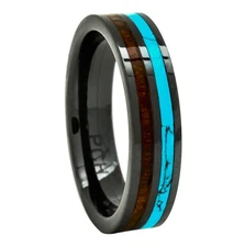 Men's Women's Wedding Rings Black Ceramic Band Koa Wood and Turquoise 6 mm 6-15