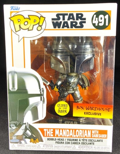 POP CAVE 2021 - Mandalorian with Dark Saber: GITD CHROME Box Warehouse Exclusive - Picture 2 of 11