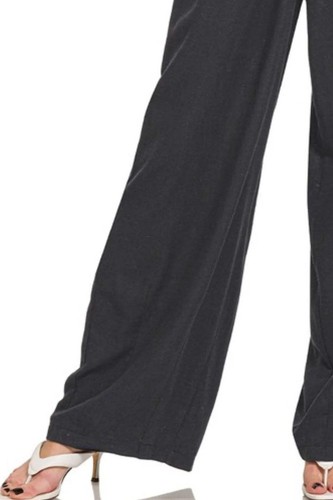 Zenana Linen Elastic Waist Pocketed Pull On Wide Leg Drawstring Pants in Black - Picture 3 of 4