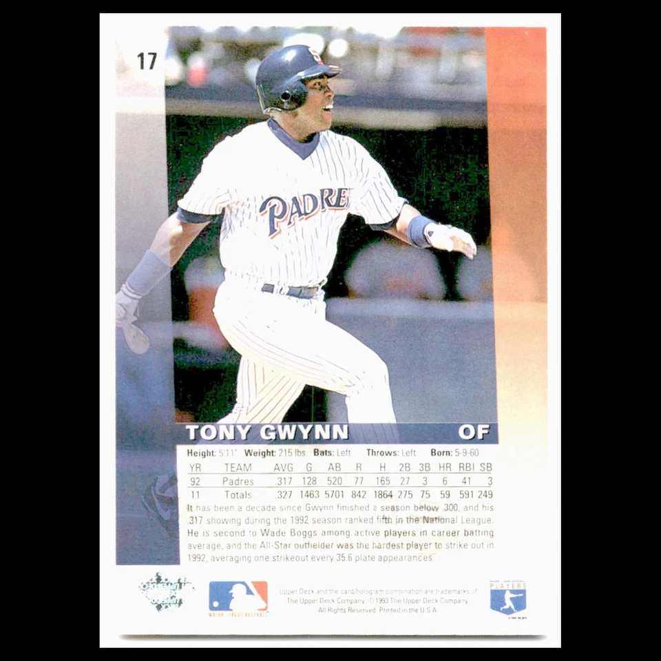 Tony Gwynn #17 1993 Upper Deck Diamond Gallery San Diego Padres Baseball Card NM - Image 2 of 3