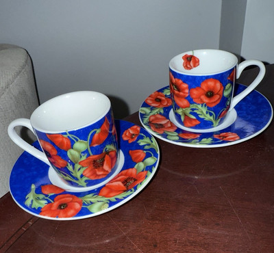 LOT (2) KONITZ POPPY BLOSSOM PORCELAIN ESPRESSO CUP & SAUCER SET NEW