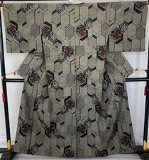 Japanese Vintage Kimono Silk Gray Oshima Tumugi Traditional Authentic Length61in